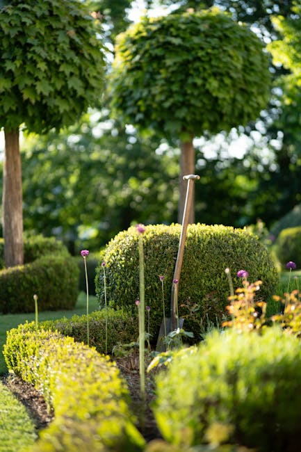 A small, well-maintained garden featuring a paved stone patio area with a decorative wrought iron bench positioned against a white exterior wall of a building, which has a window with white trim and a